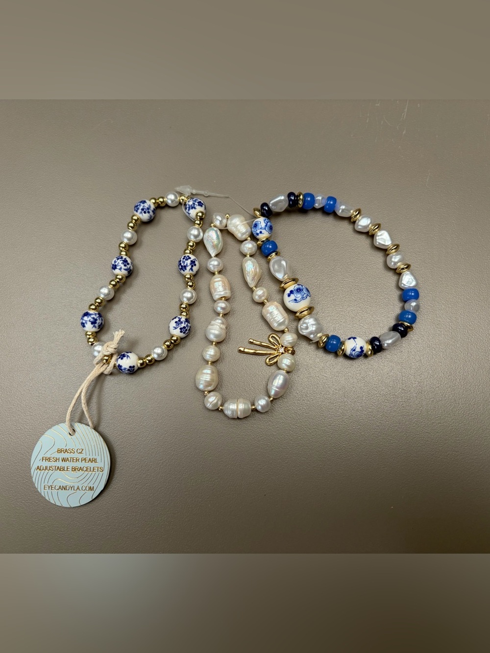 Eye candy Freshwater Pearl & Blue Bead Stretch Bracelet Set